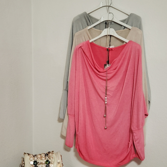 Peach gray or pink drape neck top sleeve detail necklace Size SMALL NWT - Picture 6 of 11